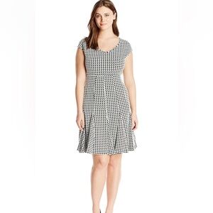 Taylor Navy Blue and Beige Patterned Pleated Fit and Flare Dress